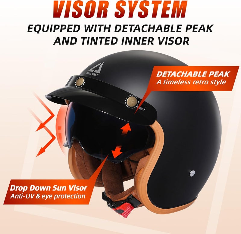 triangle 3/4 Motorcycle Helmet,Retro Open Face Adults Helmets with Visor,Half Face Moped Helmet for Men & Women,DOT Approved Helmets for Cruiser Scooter(XL) - Image 3